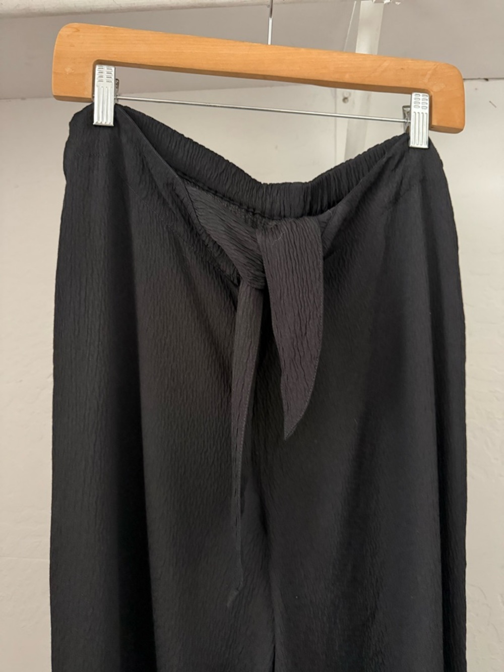 1990s FLAX Black Tie Waist Textured Rayon Pants Run Large